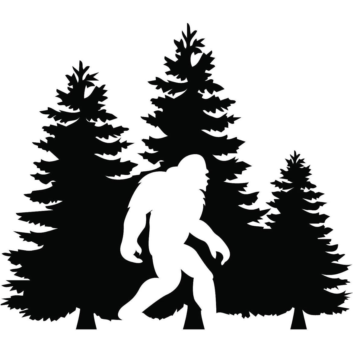 Black and  White vinyl cut stickes of Bigfoot and tree. The sticker is 4 inches by 4 inches.